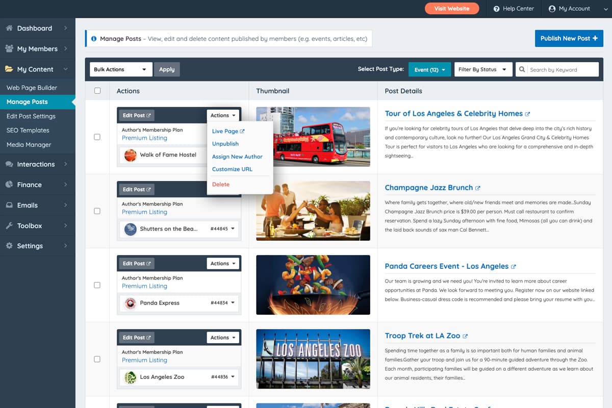 Brilliant Directories admin manage posts interface