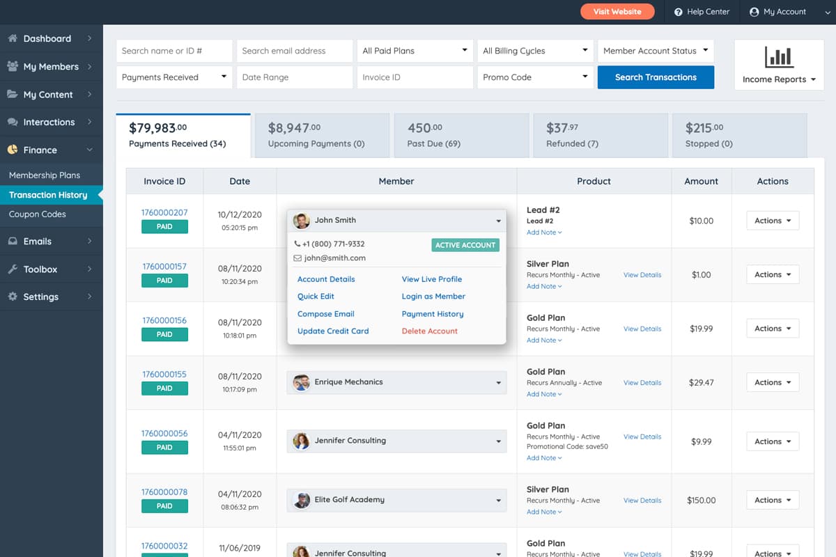 Brilliant Directories admin transaction management