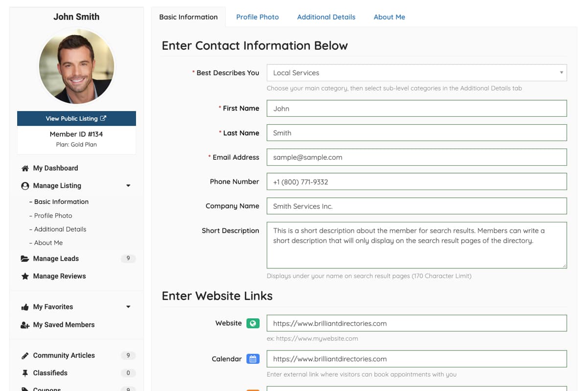 Brilliant Directories member account dashboard